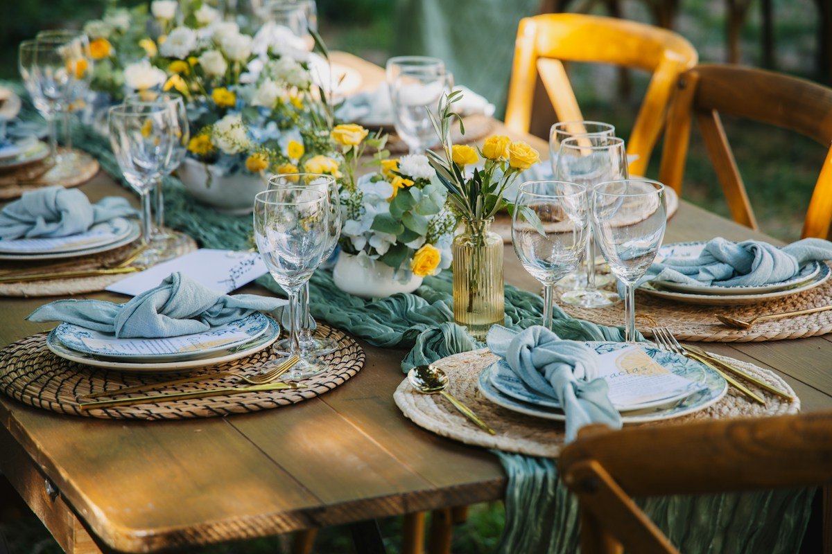 Outdoor luxury wedding reception table setting